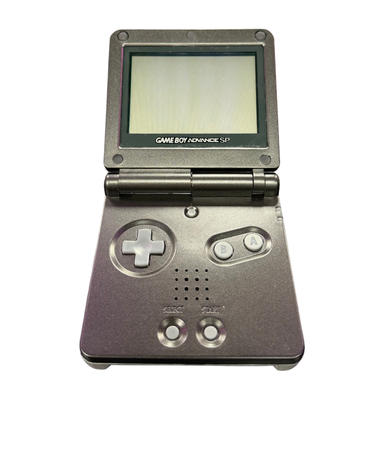 Game Boy Advance SP Metroid custom shell AGS-001 handheld gaming system featuring a custom black and gray Metroid themed shell design with a frontlit screen clamshell form factor rechargeable battery and compatibility with Game Boy Advance and Game Boy Color games open and turned off