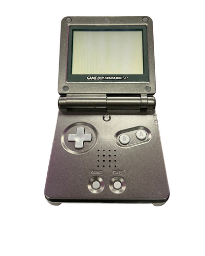 Game Boy Advance SP Metroid custom shell AGS-001 handheld gaming system featuring a custom black and gray Metroid themed shell design with a frontlit screen clamshell form factor rechargeable battery and compatibility with Game Boy Advance and Game Boy Color games open and turned off