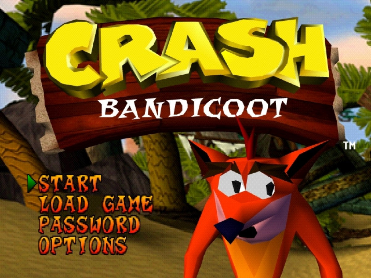 Crash Bandicoot PS1 PlayStation 1 platformer action adventure Naughty Dog mascot game jungle levels spin attack gameplay retro video game Greatest Hits edition start screen