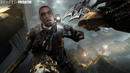 Retro Aliens vs Predator Xbox 360 inspired design featuring sci fi horror shooter aesthetic vintage HD era alien xenomorph marine predator jungle facility survival combat tense atmospheric action cinematic franchise crossover nostalgic FPS presentation gameplay 