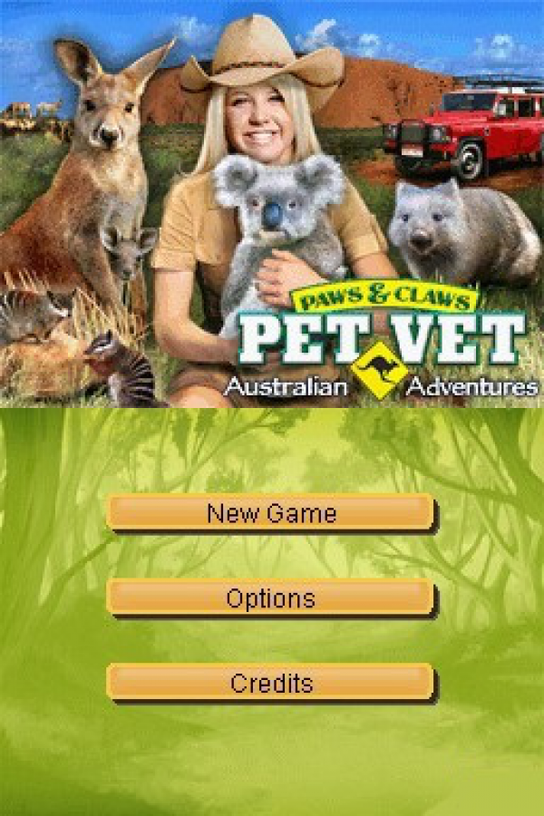 Paws & Claws Pet Vet Australian Adventures Nintendo DS video game, animal care simulation, veterinary adventure gameplay, family-friendly handheld console title main menu title screen