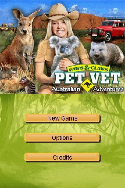 Paws & Claws Pet Vet Australian Adventures Nintendo DS video game, animal care simulation, veterinary adventure gameplay, family-friendly handheld console title main menu title screen