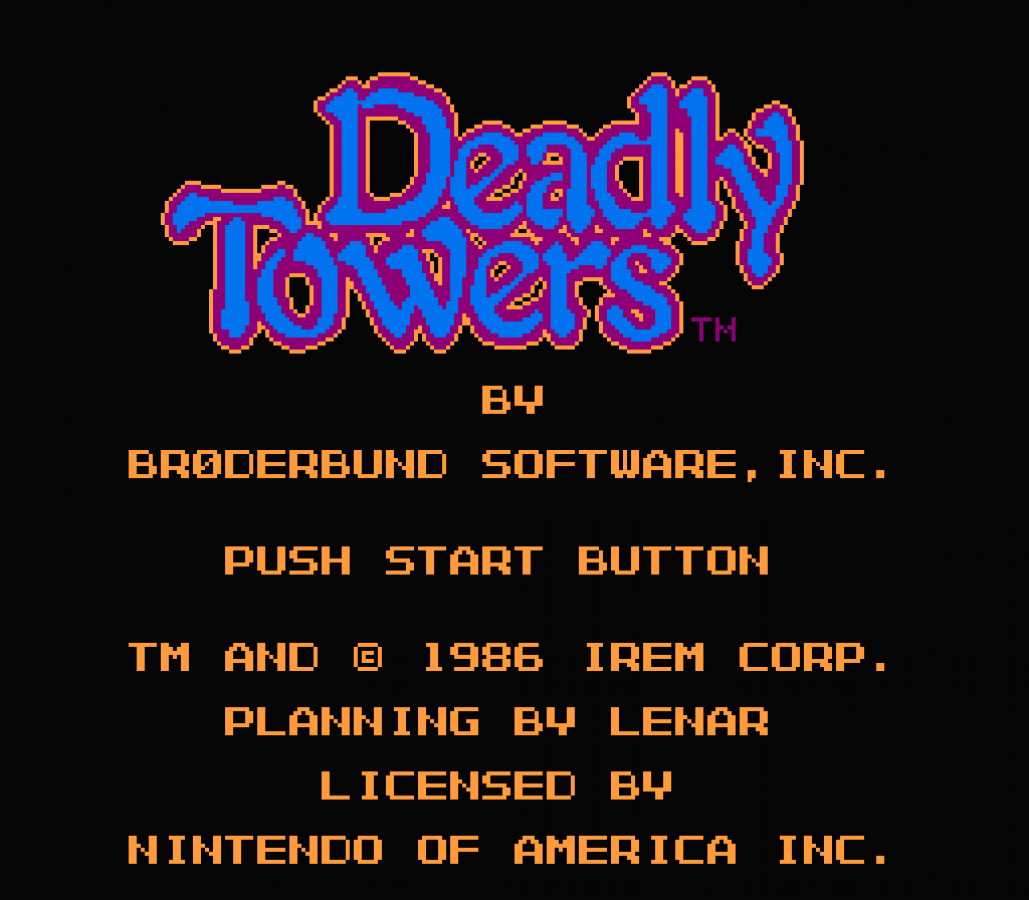 Deadly Towers retro NES video game Deadly Towers fantasy action adventure dungeon exploration sword combat classic RPG gameplay console title Nintendo Entertainment System release title screen