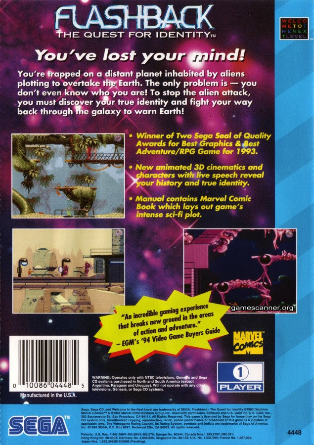 Flashback The Quest for Identity Sega CD cinematic platformer sci fi adventure game rotoscoped animation side scrolling exploration puzzle solving stealth combat amnesia storyline futuristic dystopia Delphine Software retro gaming Sega CD software video game title back cover art