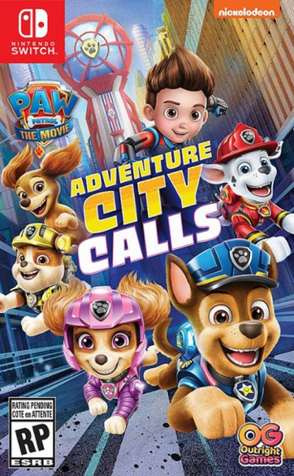 PAW Patrol The Movie Adventure City Calls Nintendo Switch NS video game featuring action adventure gameplay Ryder and PAW Patrol pups Adventure City exploration rescue missions platforming challenges puzzle solving collectible treats heroic missions Chase Marshall Skye and friends family friendly gameplay colorful environments and classic Nintendo Switch gaming retro video game collection collectible gaming appeal front cover art