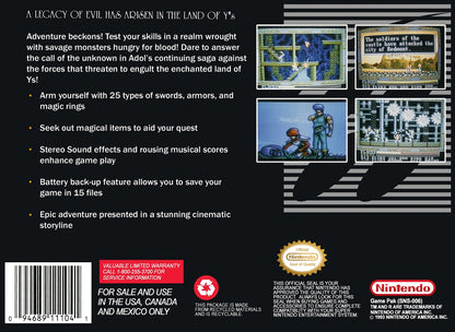 Ys III Wanderers from Ys retro SNES video game Ys fantasy action role playing side scrolling combat adventure exploration classic RPG gameplay console title Super Nintendo release back of case