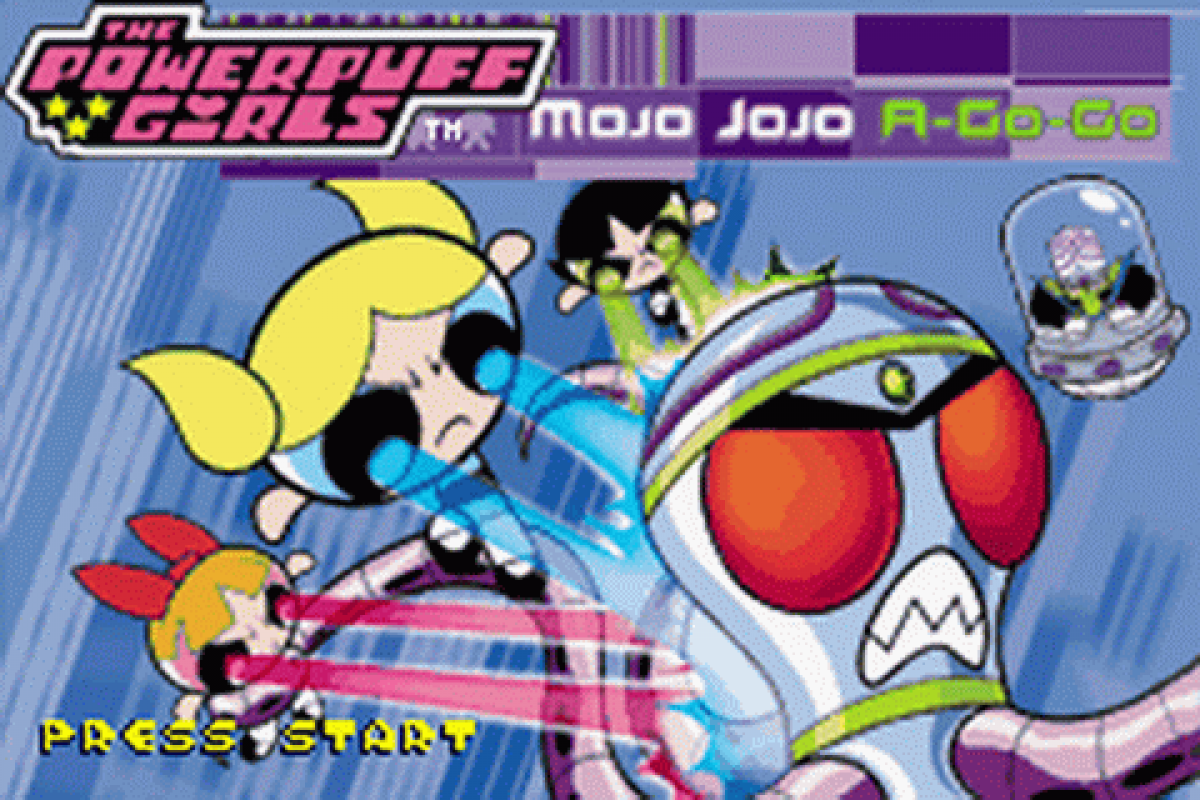 The Powerpuff Girls Mojo Jojo A-Go-Go for Game Boy Advance, title screen for a platformer action video game with side-scrolling gameplay, cartoon-style combat, character-based challenges, and villain-themed adventure