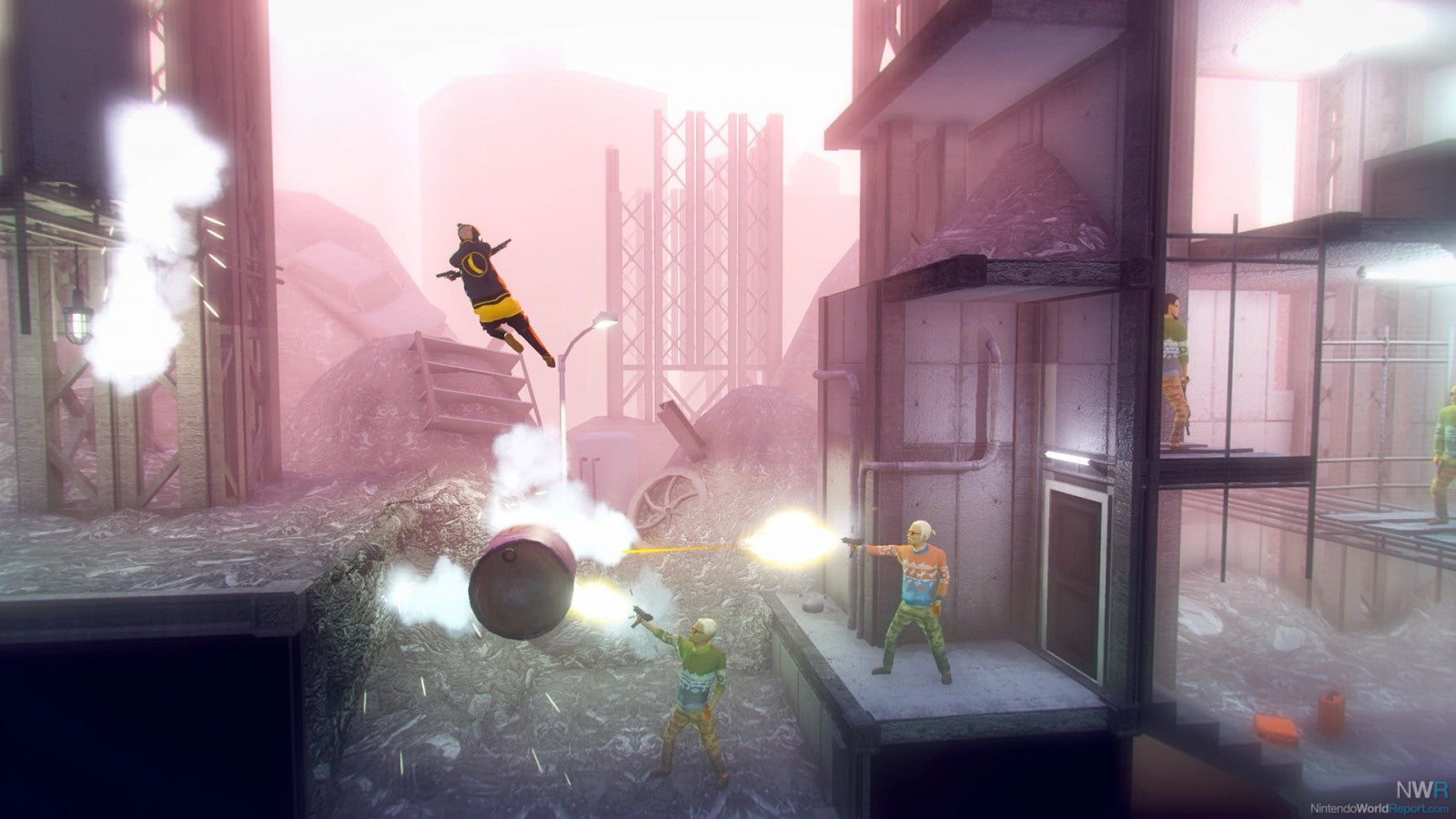 My Friend Pedro Nintendo Switch inspired design featuring stylish action shooter aesthetic acrobatic gunplay slow motion combat outrageous stunt moves surreal storytelling fast paced firefights cinematic side scrolling gameplay presentation gameplay