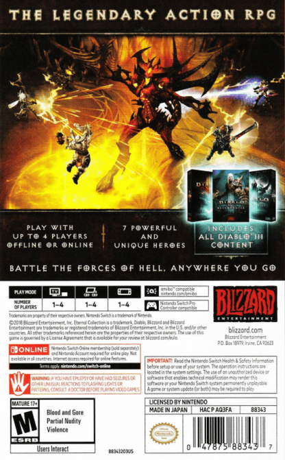 Diablo III Eternal Collection Nintendo Switch game featuring action RPG combat and full Reaper of Souls and Rise of the Necromancer content back cover
