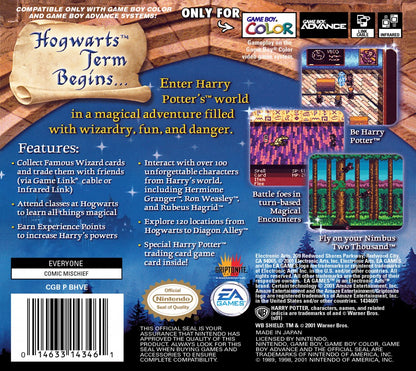 Harry Potter and the Sorcerers Stone Game Boy Color GBC action-RPG video game top-down perspective spell casting potion making puzzle solving platforming elements exploring Hogwarts collecting chocolate frogs back cover