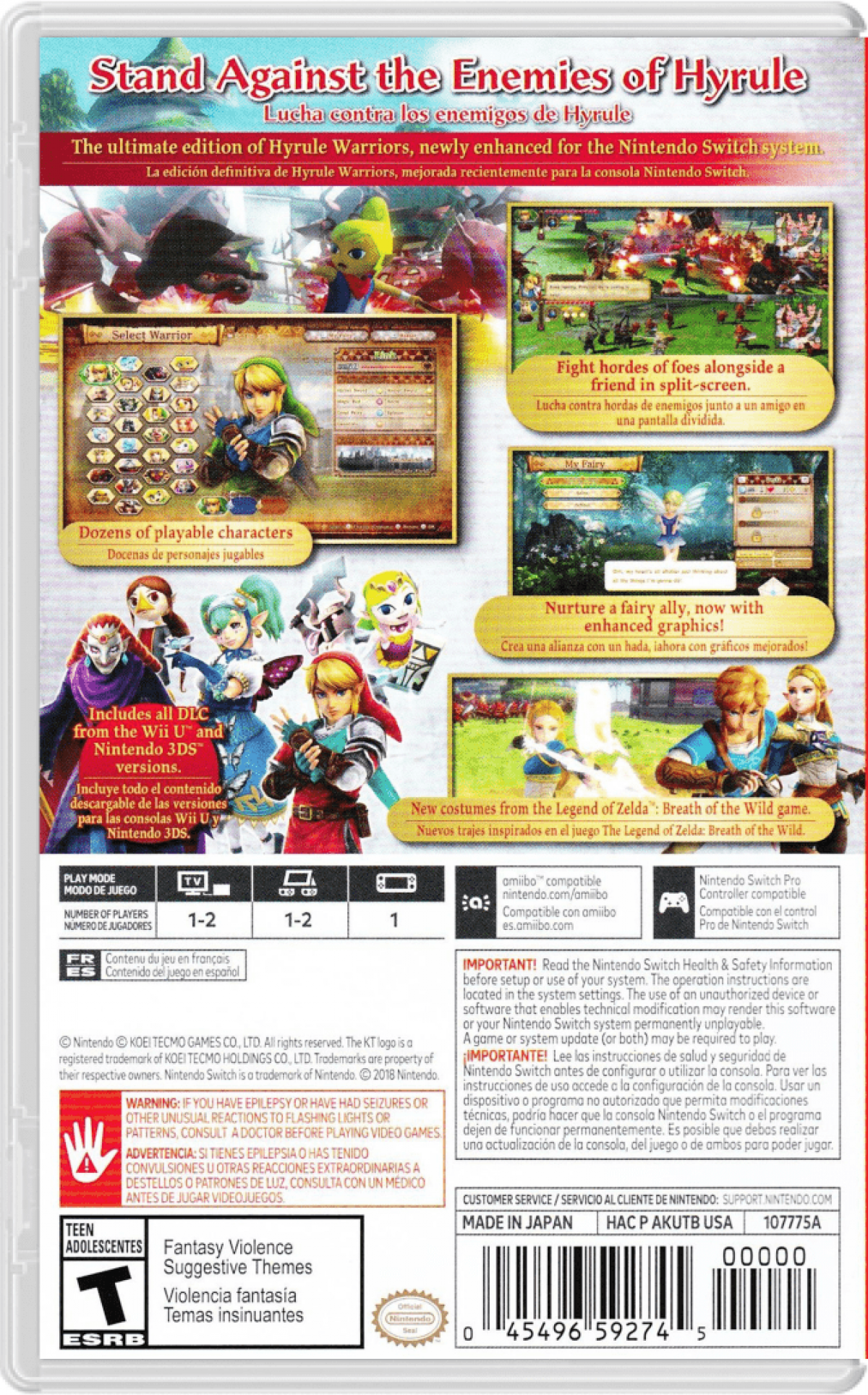 Hyrule Warriors Definitive Edition back of box for Nintendo Switch action game