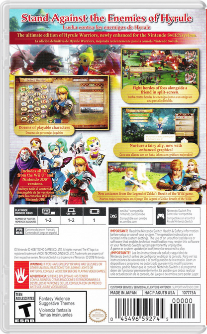 Hyrule Warriors Definitive Edition back of box for Nintendo Switch action game