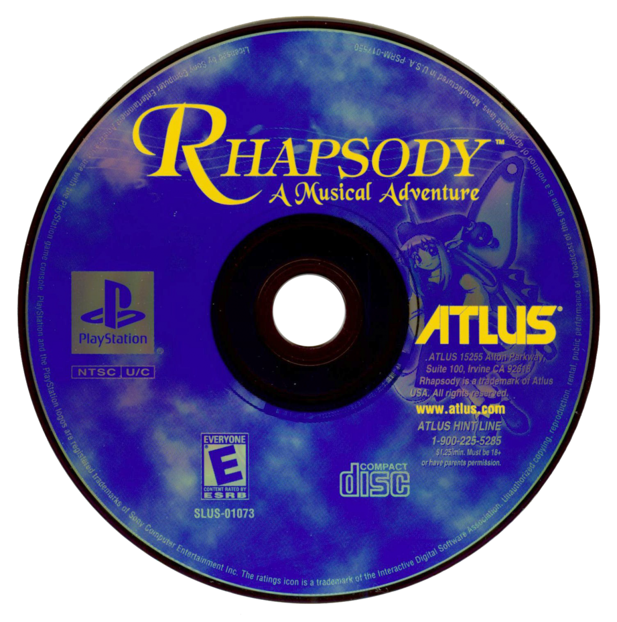 Rhapsody A Musical Adventure PlayStation 1 disc, a video game featuring turn-based RPG gameplay with musical storytelling and anime-style visuals