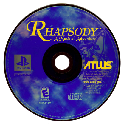 Rhapsody A Musical Adventure PlayStation 1 disc, a video game featuring turn-based RPG gameplay with musical storytelling and anime-style visuals