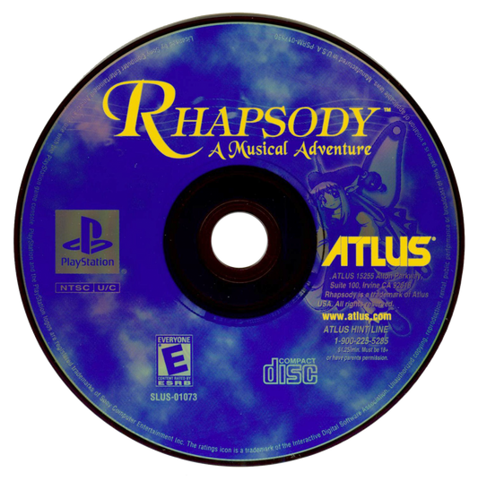 Rhapsody A Musical Adventure PlayStation 1 disc, a video game featuring turn-based RPG gameplay with musical storytelling and anime-style visuals