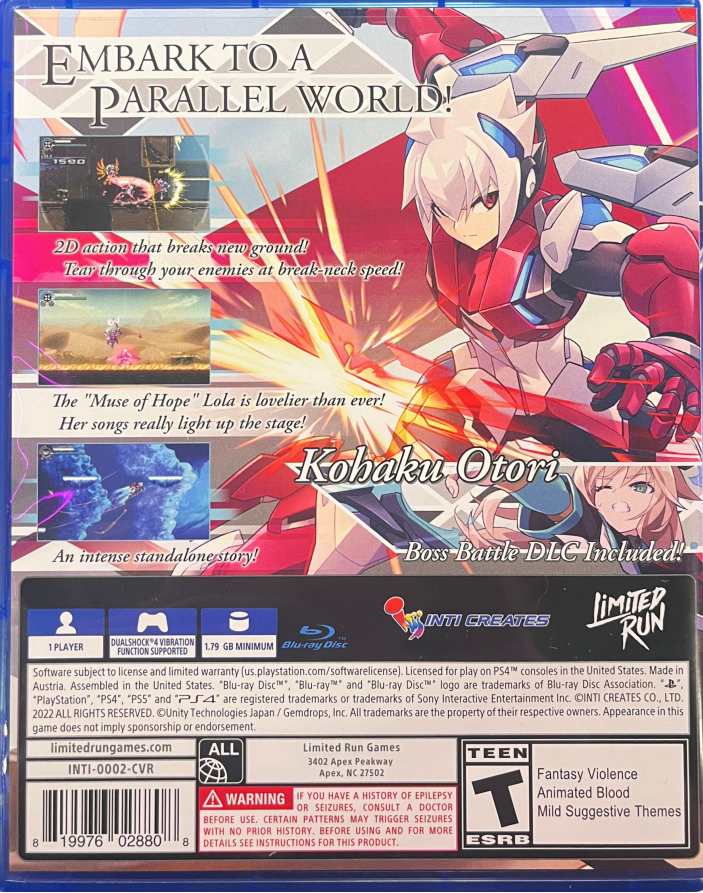Gunvolt Chronicles: Luminous Avenger iX 2 retro PS4 video game Gunvolt Chronicles Luminous Avenger iX 2 anime action platformer side scrolling combat fast paced futuristic gameplay retro inspired console release back cover 