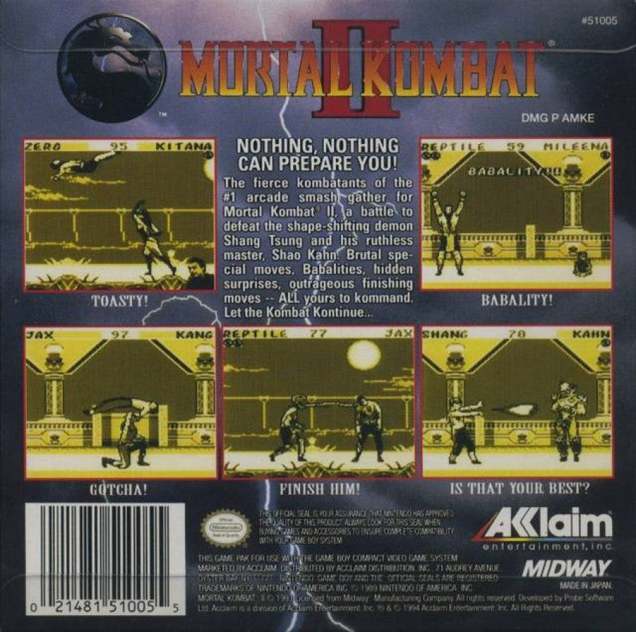 Mortal Kombat II Game Boy GB for retro video game enthusiasts featuring classic fighting gameplay one on one arcade combat iconic characters special moves tournament battles handheld action and collectible gaming appeal back cover 