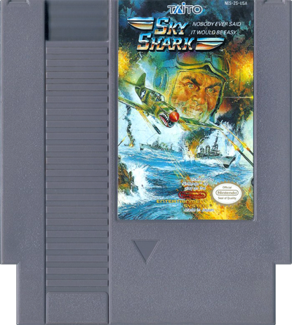Sky Shark Nintendo Entertainment System NES for retro video game enthusiasts featuring classic vertical scrolling shoot em up gameplay World War II aerial combat fast paced arcade action challenging enemy formations powerful weapon upgrades and collectible gaming appeal cart