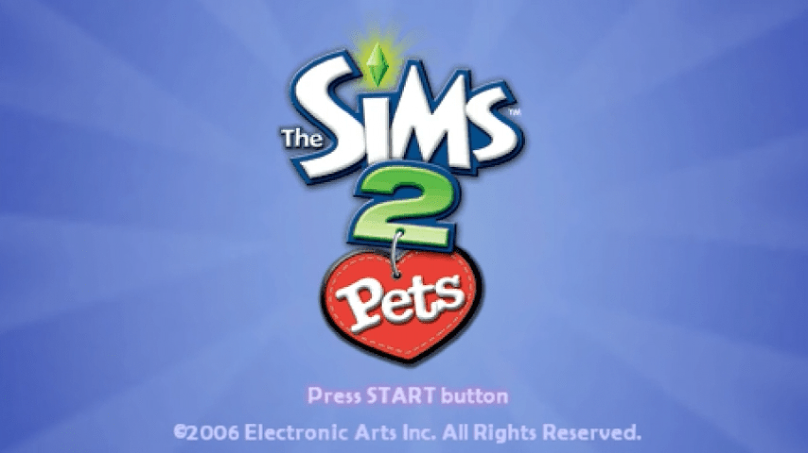 The Sims 2: Pets PSP start screen for PlayStation Portable (PSP) life simulation game