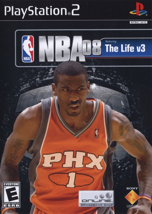 NBA 08 game for the PlayStation 2 featuring realistic basketball gameplay with NBA teams and players quick play and season modes and arcade style controls for fast paced matches front cover