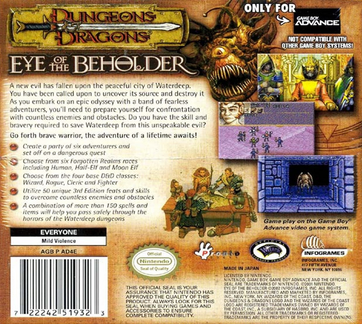 Dungeons & Dragons Eye of the Beholder for Game Boy Advance, back of case for a role-playing video game with dungeon crawling gameplay, turn-based combat, party management, and fantasy adventure
