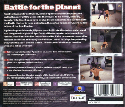 Planet of the Apes game for the PlayStation featuring action adventure gameplay with platforming combat and exploration elements based on the film franchise as players navigate a world ruled by intelligent apes and uncover a story driven narrative back cover
