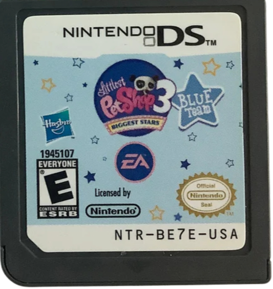 Littlest Pet Shop 3 Biggest Stars Blue Team for Nintendo DS (DS), cartridge for a retro video game featuring pet care simulation gameplay, mini-game challenges, animal customization, talent competitions, and family-friendly adventure activities