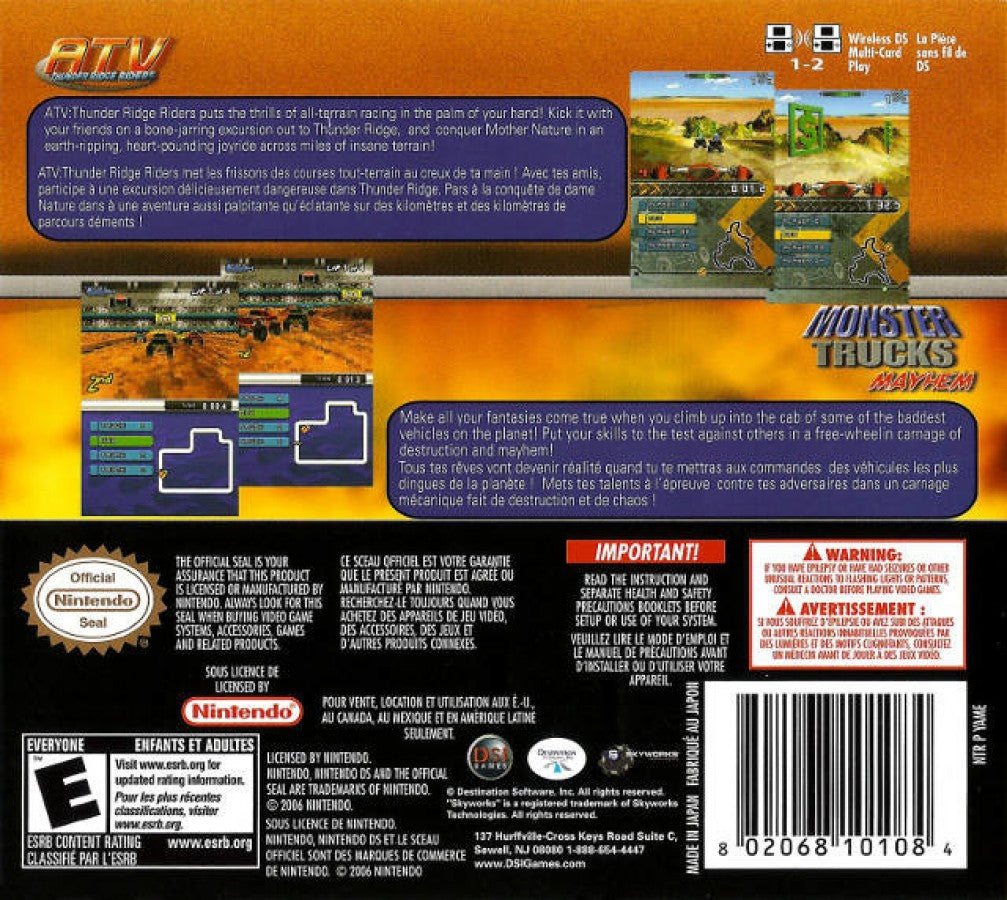 ATV Thunder Ridge Riders and Monster Truck Mayhem for Nintendo DS (DS), back of case for a retro video game featuring off-road racing gameplay, ATV and monster truck challenges, stunt-based competitions, and arcade-style vehicular action