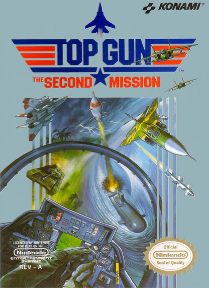 Top Gun The Second Mission Nintendo Entertainment System NES for retro video game enthusiasts featuring military flight combat gameplay jet fighter dogfights aerial missions aircraft carrier takeoffs and landings fast paced arcade action and collectible gaming appeal cover