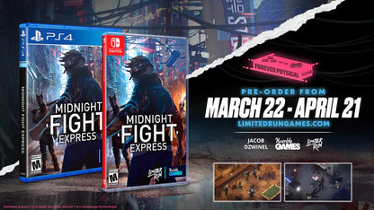 Midnight Fight Express Limited Run 553 PS4 game featuring fast-paced beat em up combat, stylish action choreography, and exclusive Limited Run Games collectible release promotional poster