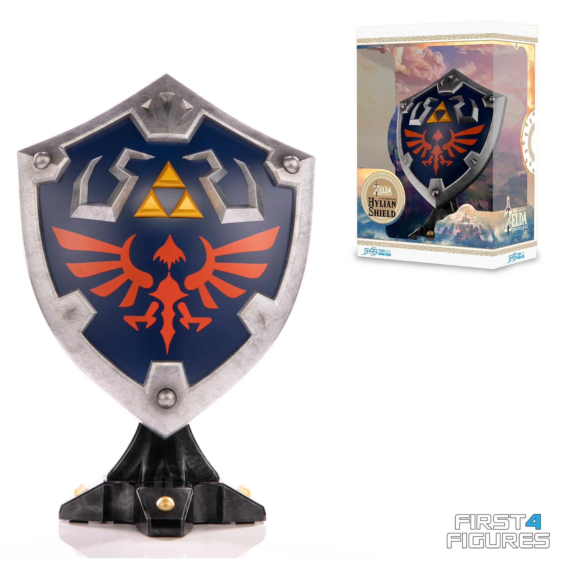 Hylian Shield 12 inch statue by First 4 Figures detailed Legend of Zelda collectible featuring iconic Hylian crest battle ready shield design and premium high quality display piece for fans of Nintendo fantasy adventure franchise 