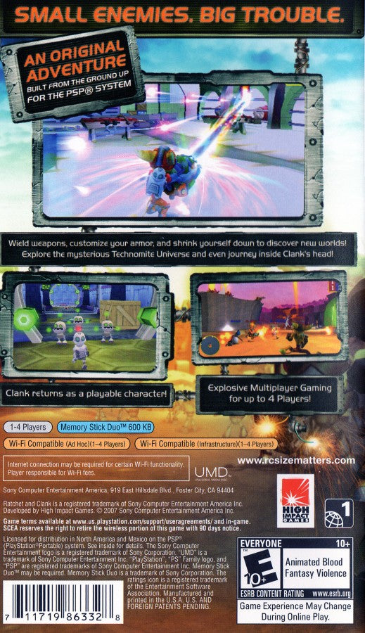 Ratchet & Clank Size Matters Greatest Hits for PlayStation Portable, back of case for an action platformer video game with third-person shooting, gadget-based gameplay, mission-based progression, and sci-fi adventure
