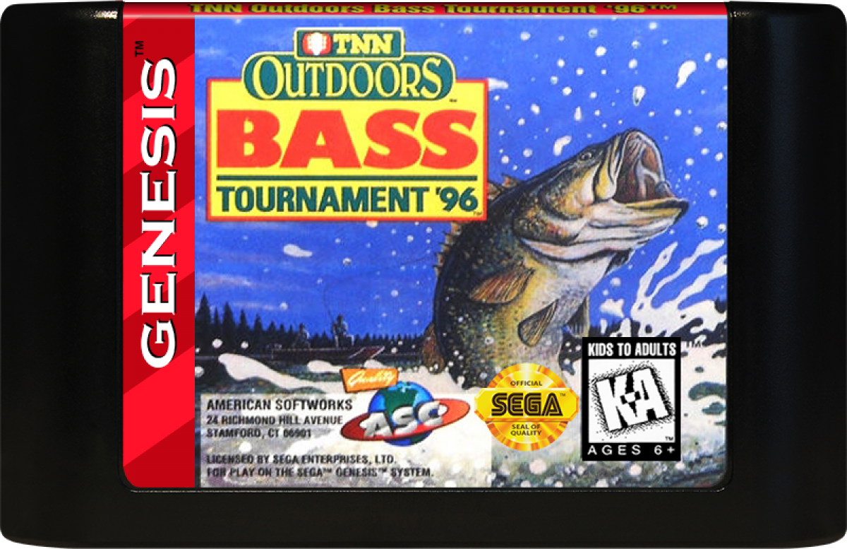 TNN Outdoors Bass Tournament 96 retro Sega Genesis video game featuring fishing tournament gameplay, competitive bass fishing challenges, sports simulation action and classic Genesis entertainment - cartridge