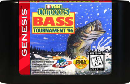 TNN Outdoors Bass Tournament 96 retro Sega Genesis video game featuring fishing tournament gameplay, competitive bass fishing challenges, sports simulation action and classic Genesis entertainment - cartridge