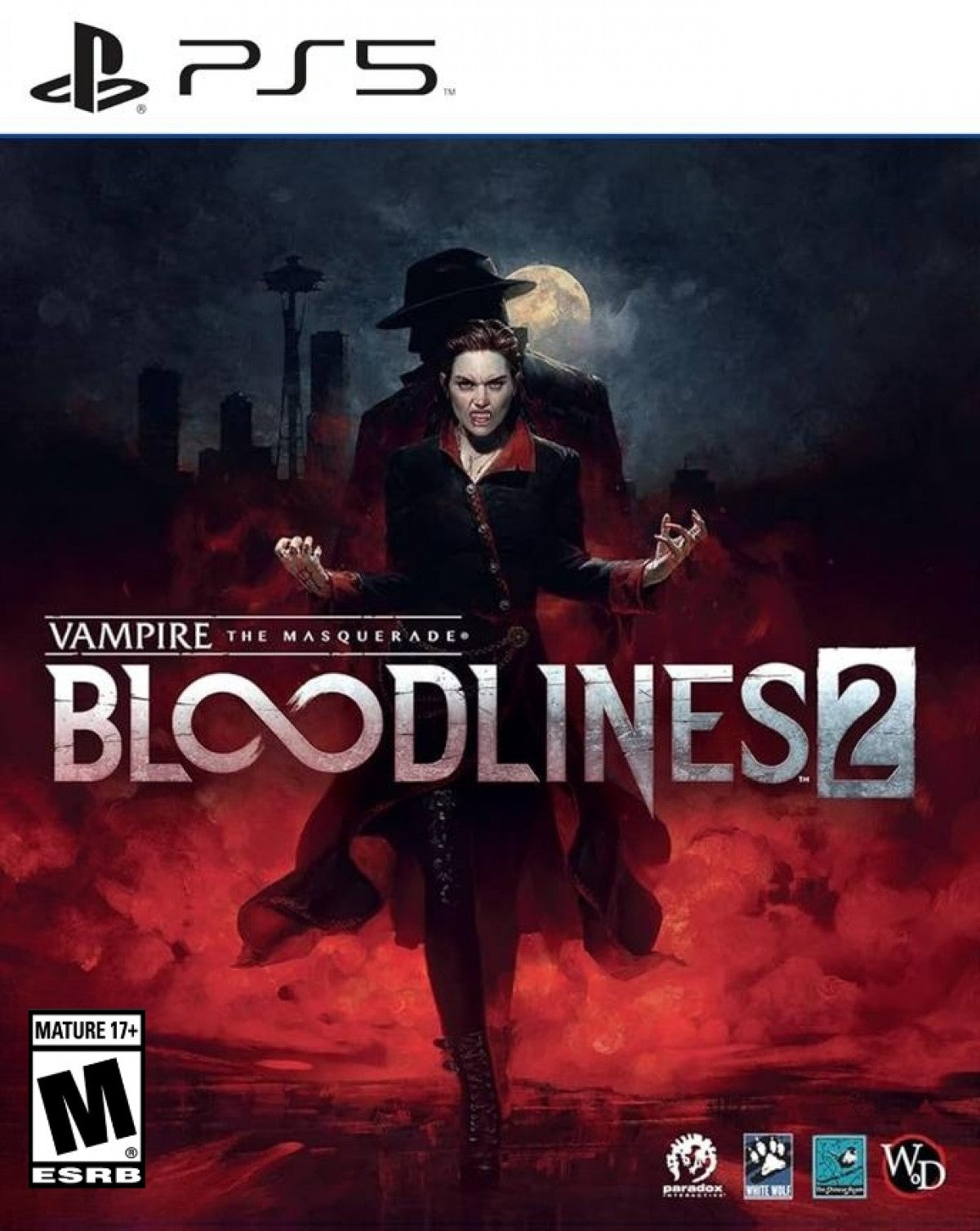 Vampire The Masquerade Bloodlines 2 PlayStation 5 PS5 for action role playing video game fans featuring vampire abilities dark gothic environments Seattle exploration character customization branching choices faction conflicts supernatural combat immersive storytelling and atmospheric vampire adventure collectible gaming appeal front cover art