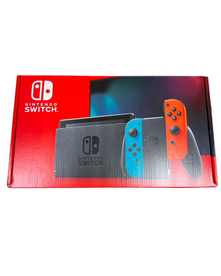 Front of a Nintendo Switch retail box showcasing console artwork, with the Switch and Joy-Con controllers prominently displayed on the packaging design.