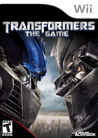 Transformers: The Game cover art for Nintendo Wii (Wii) featuring battles with Autobots and Decepticons in film‑based missions