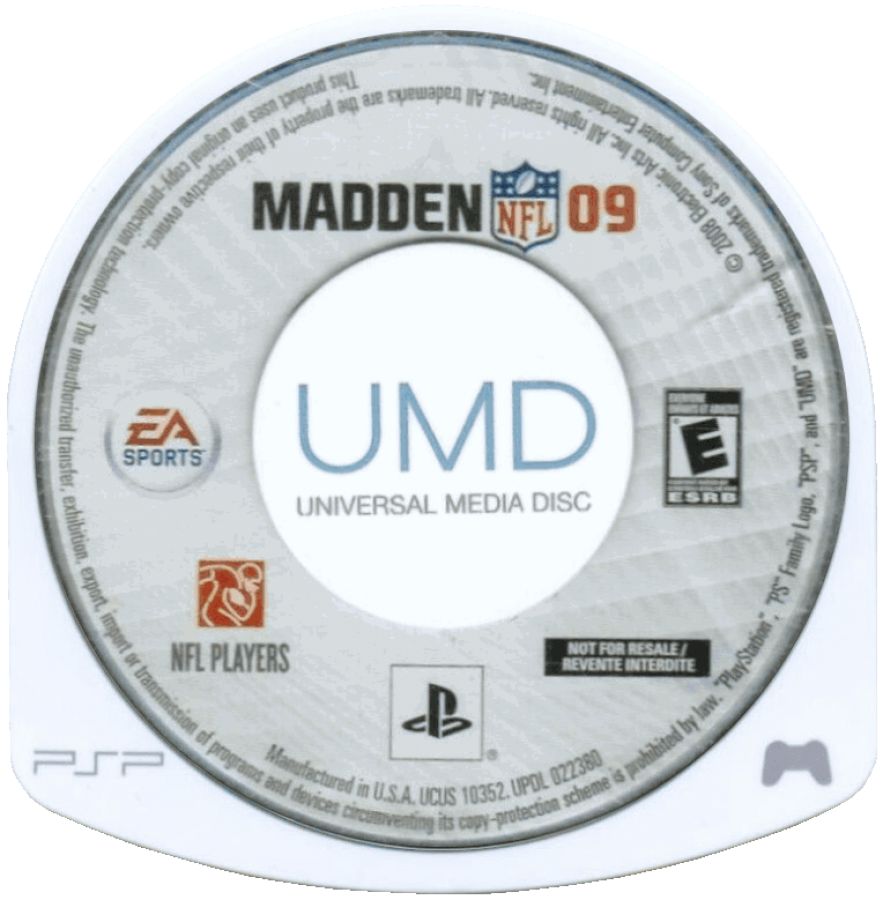 Madden NFL 09 PlayStation Portable PSP disc for retro video game enthusiasts featuring American football simulation gameplay realistic NFL team management play calling systems franchise mode progression tactical offensive and defensive strategies and portable handheld sports gaming experience and collectible gaming appeal8 