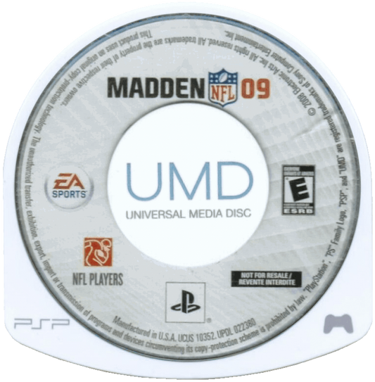Madden NFL 09 PlayStation Portable PSP disc for retro video game enthusiasts featuring American football simulation gameplay realistic NFL team management play calling systems franchise mode progression tactical offensive and defensive strategies and portable handheld sports gaming experience and collectible gaming appeal8 
