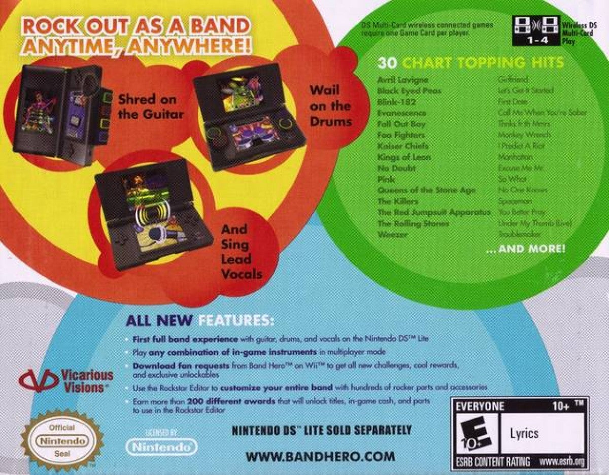 Band Hero Not For Resale Bundle Edition Nintendo DS game featuring rhythm music gameplay with popular rock and pop tracks back cover