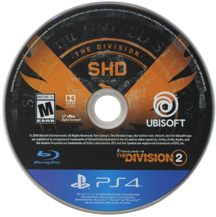 Tom Clancy's The Division 2 – PlayStation 4 (PS4) video game disc, online action role-playing shooter.