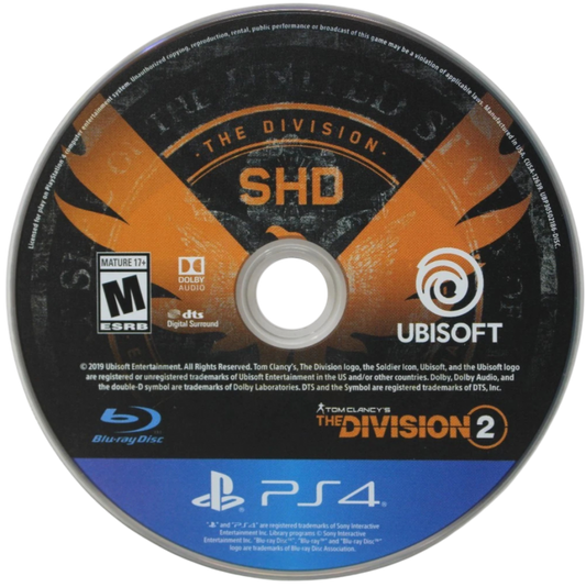 Tom Clancy's The Division 2 – PlayStation 4 (PS4) video game disc, online action role-playing shooter.