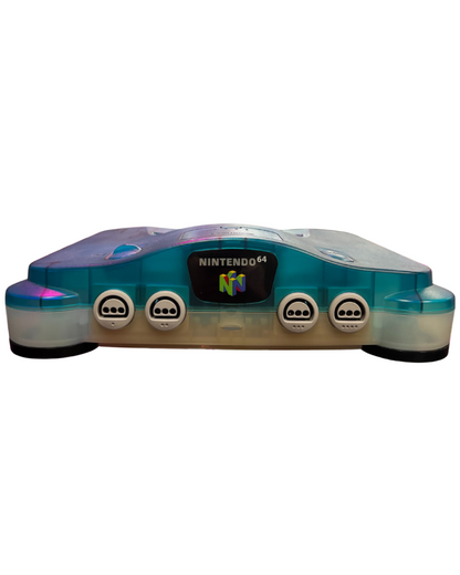Front-facing view of a Funtastic ice blue Nintendo 64 console with translucent casing and controller ports.