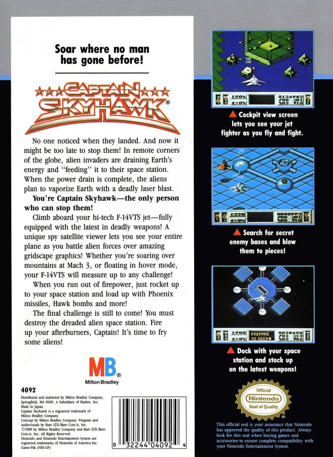 Captain Skyhawk Nintendo Entertainment System NES video game featuring aerial combat gameplay fighter jet missions enemy attacks strategic bombing objectives 3D scrolling flight action challenging missions and classic 8 bit gameplay retro video game collection collectible gaming appeal back cover art