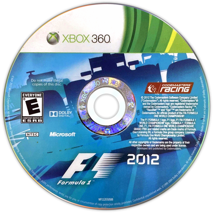 F1 2012 disc art for XBox 360 (X360) video game