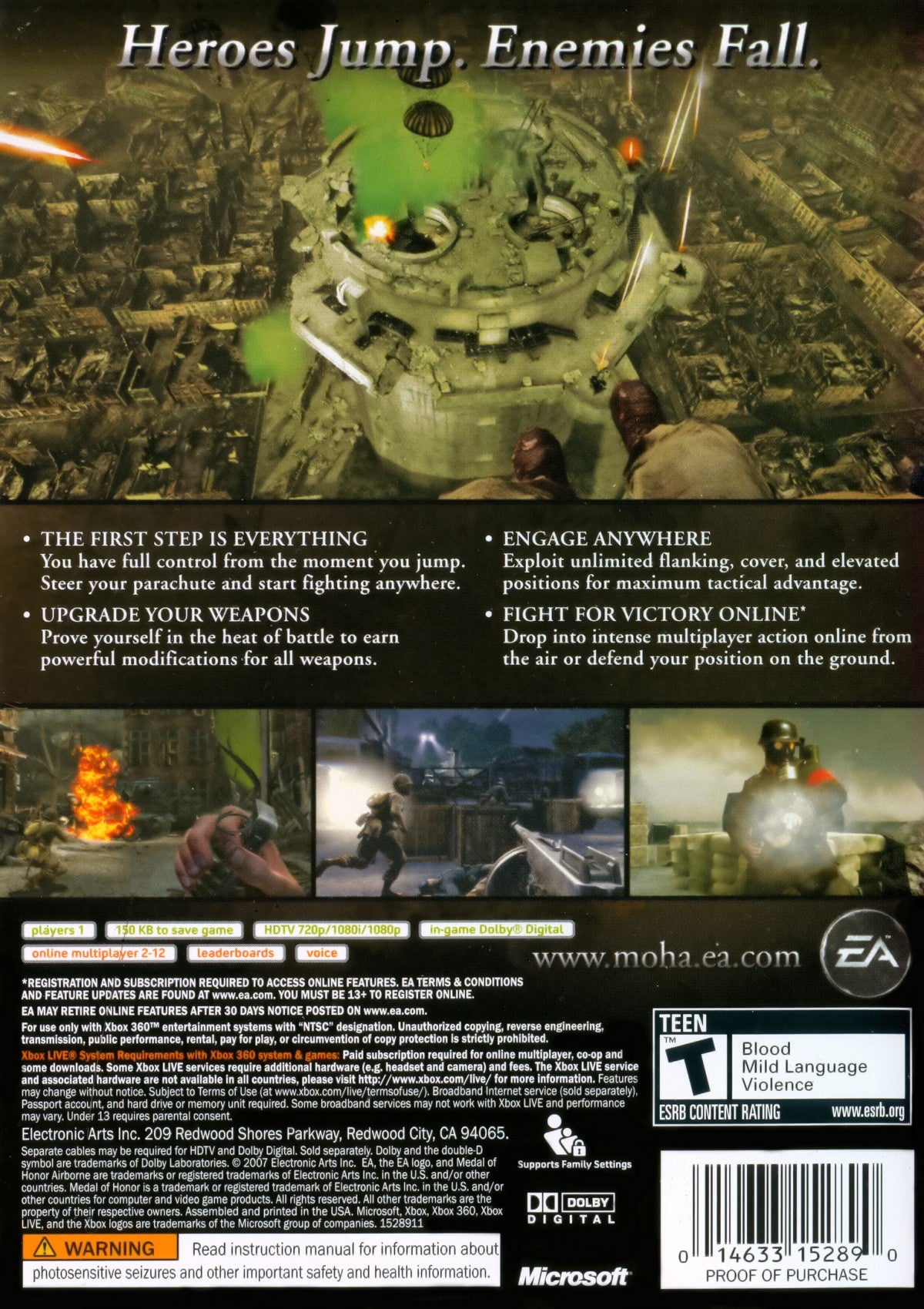 Medal of Honor Airborne Xbox 360 video game, first-person shooter, World War II military action, airborne combat missions, console title back cover
