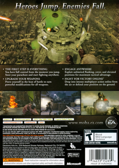 Medal of Honor Airborne Xbox 360 video game, first-person shooter, World War II military action, airborne combat missions, console title back cover