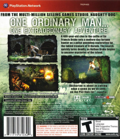 Uncharted: Drake's Fortune Greatest Hits PS3 action adventure treasure hunting game for PlayStation 3 gameplay back cover