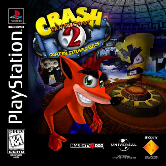 Crash Bandicoot 2 Cortex Strikes Back PlayStation PS1 for platformer video game fans featuring classic 3D platforming gameplay colorful environments challenging levels spin attacks jumping obstacles collectible gems Wumpa fruit adventures iconic Crash Bandicoot action classic PlayStation gaming collectible appeal front cover art