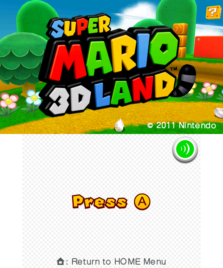 Super Mario 3D Land start screen for Nintendo 3DS (3DS) platformer video game